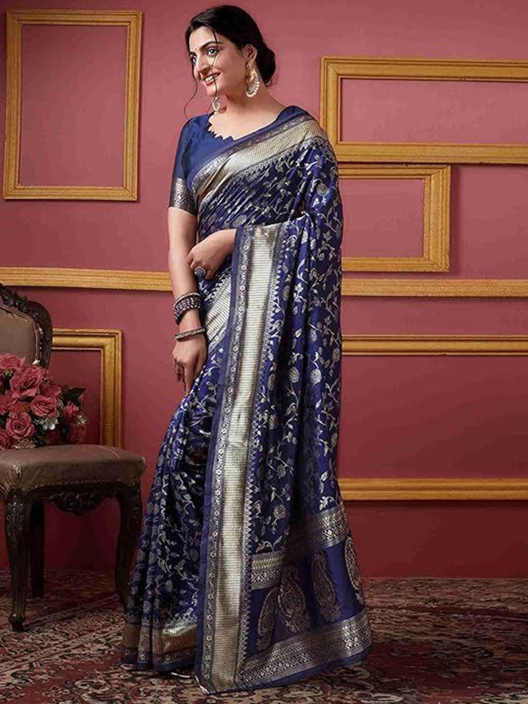 

KALINI Woven Design Zari Pure Silk Kanjeevaram Saree, Navy blue