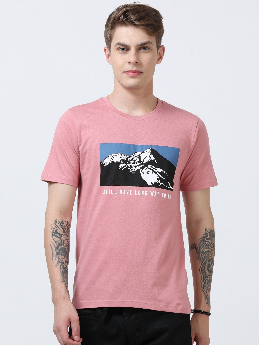 

Quco Men Graphic Printed Biowashed Round Neck Cotton Tshirt, Pink