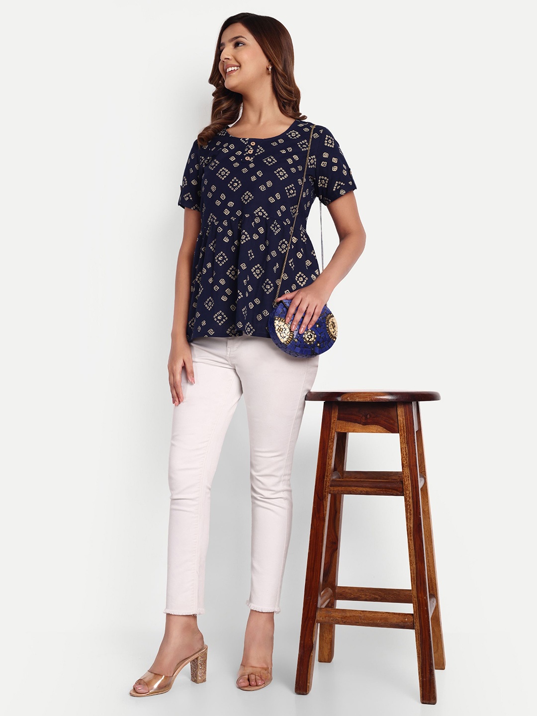 

Suha Printed Round Neck Tunic, Navy blue