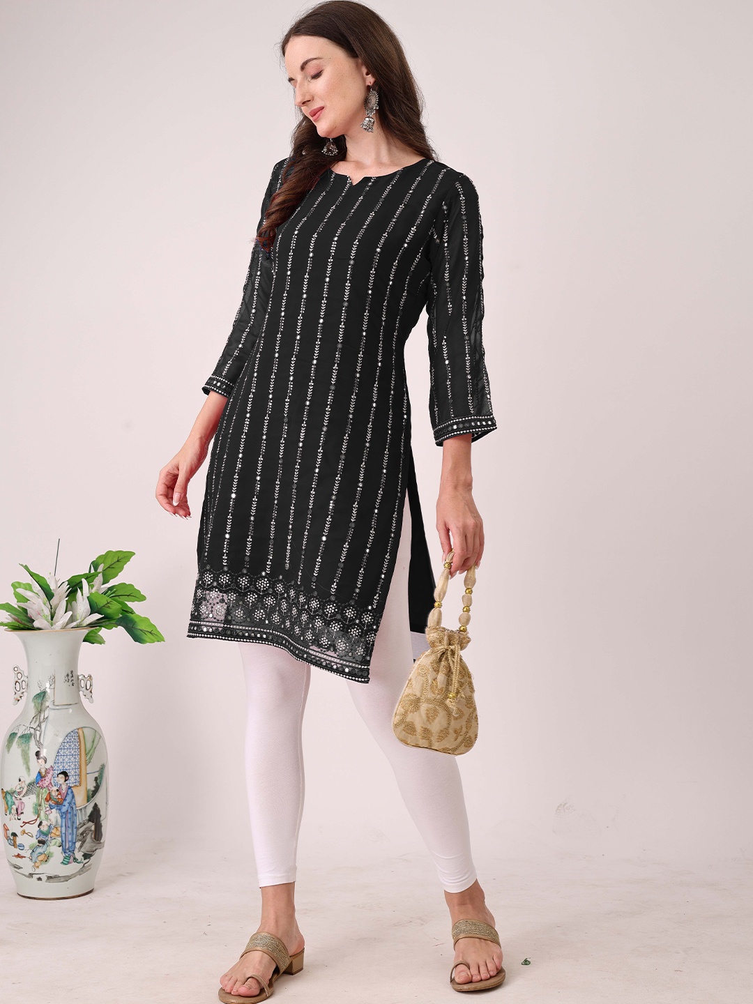 

Moda Rapido Embroidered Notch Neck Mirror Work Straight Kurta, Black