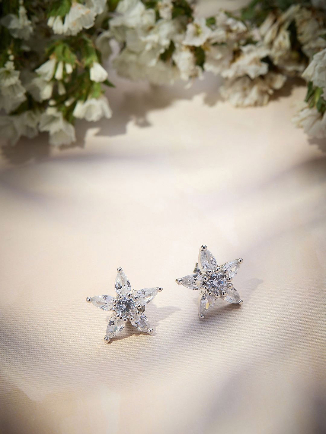

MAIRA 925 Sterling Silver Rhodium-Plated Cubic Zirconia Stones Studded Floral Studs