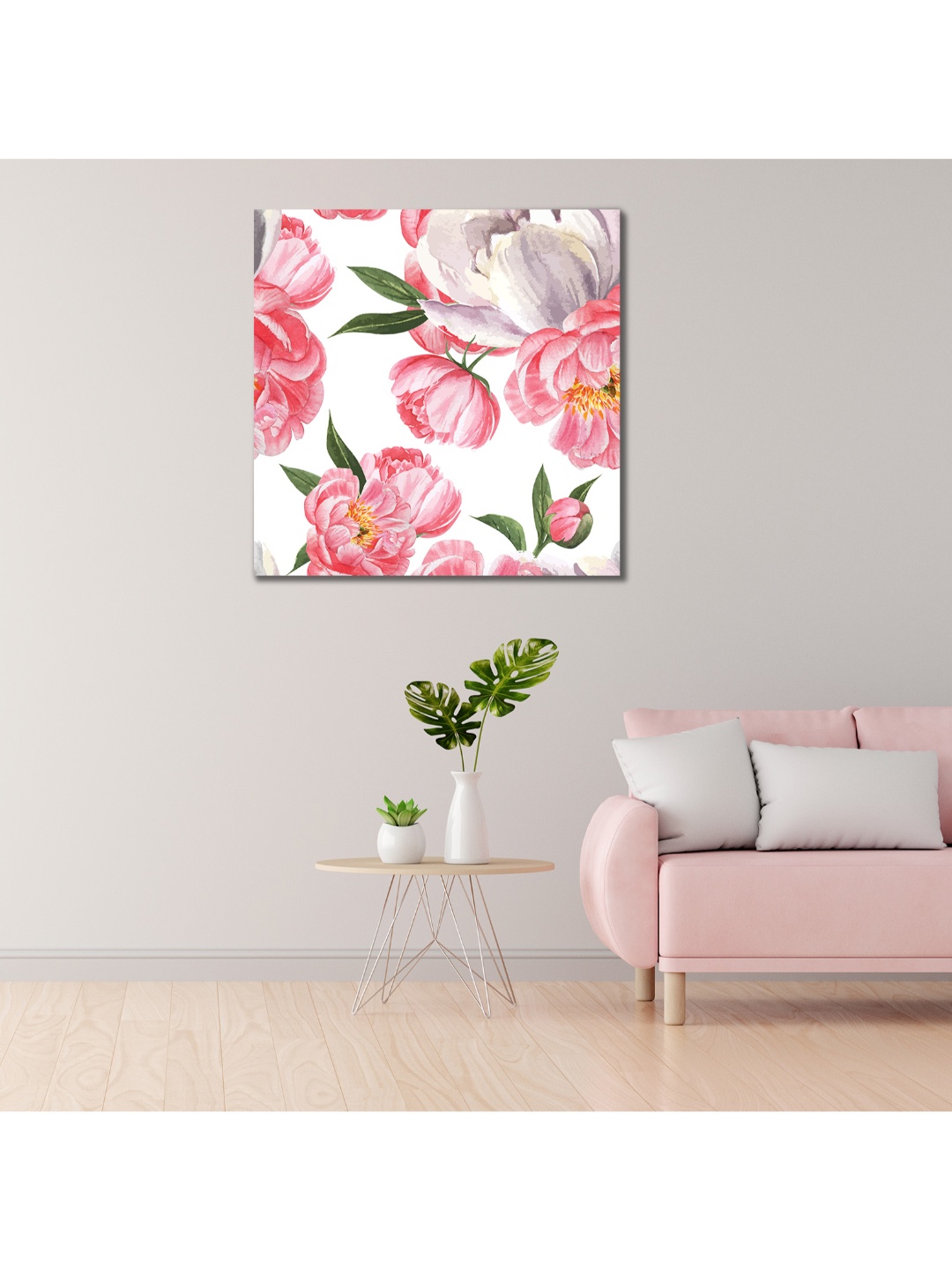 

CVANU Pink & White Floral And Botanical Square Canvas Wall Painting