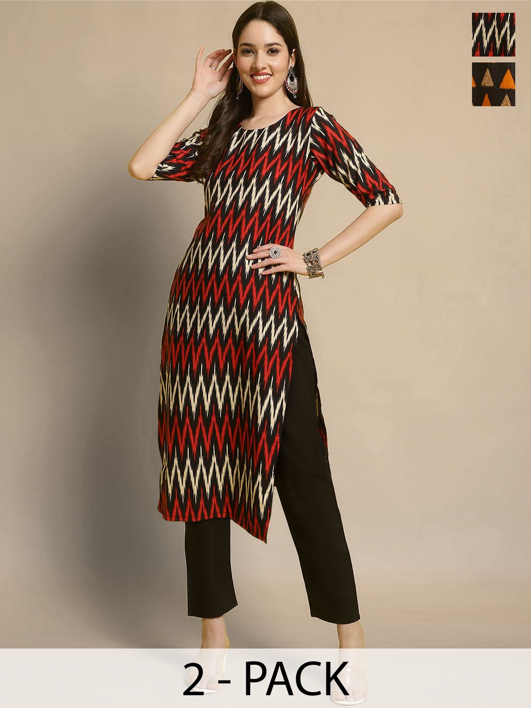 

Moda Rapido Selection Of 2 Chevron Printed Round Neck Straight Kurtas With Trousers, Black