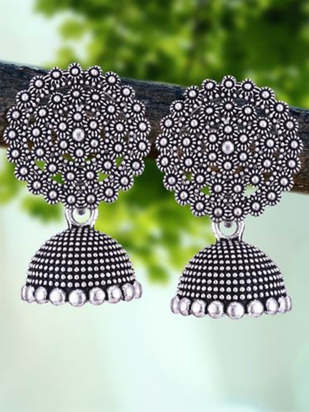 

DIVASTRI Set Of 5 Silver-Plated Dome Shaped Oxidized Jhumkas