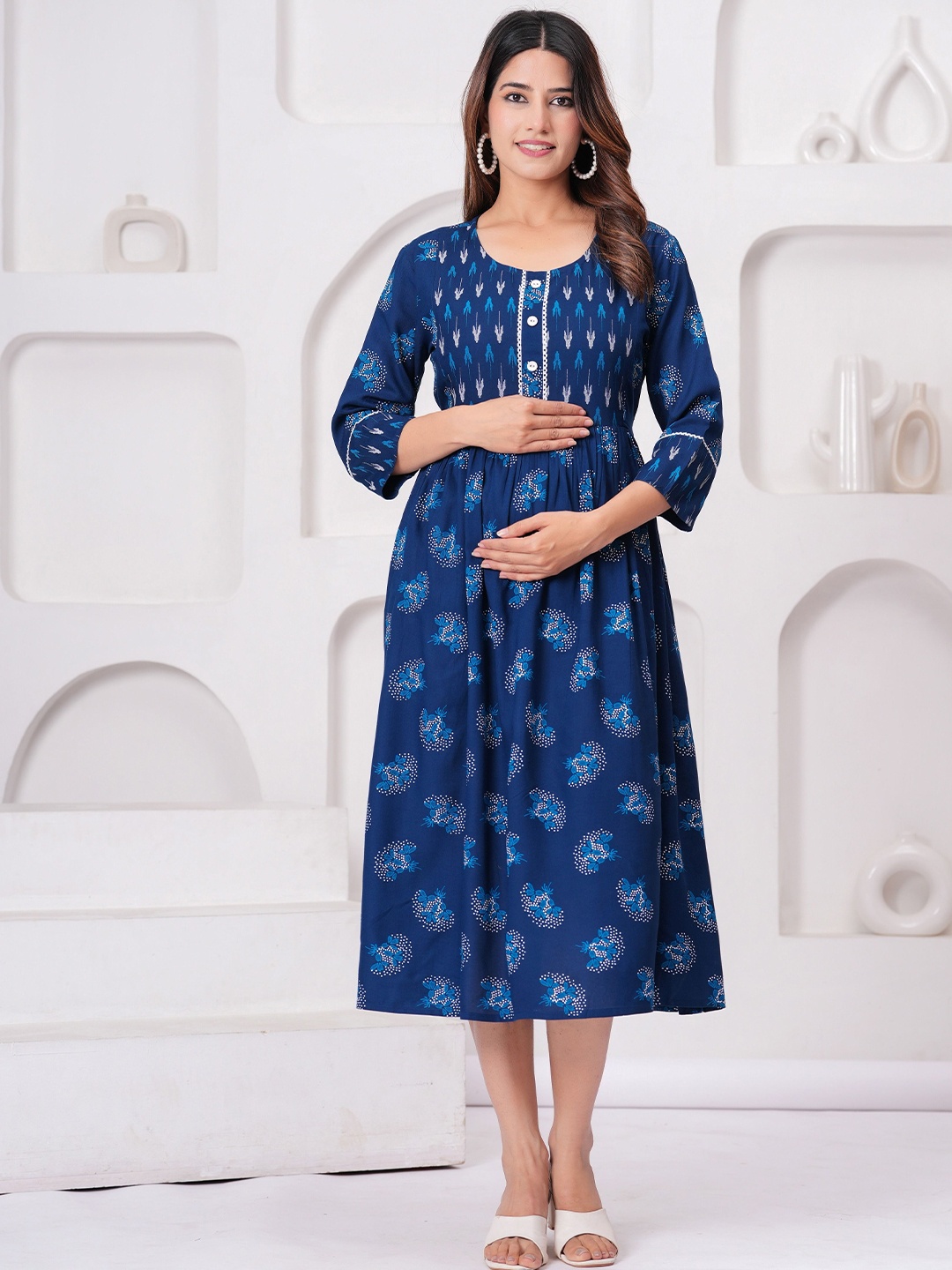 

CELEBRAVO Floral Print Maternity Fit & Flare Midi Dress, Teal
