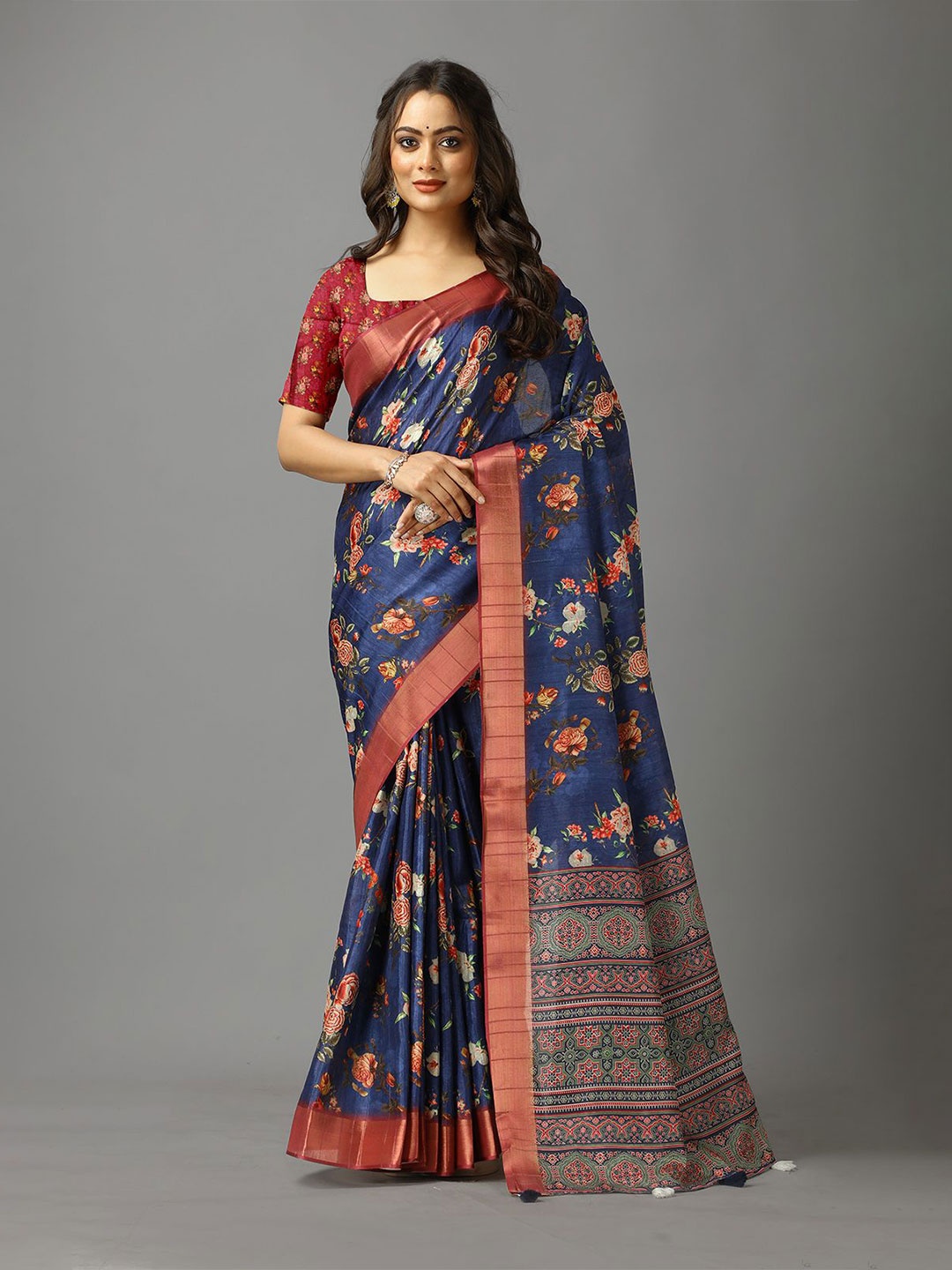 

NIRMAL CREATION Floral Zari Saree, Blue