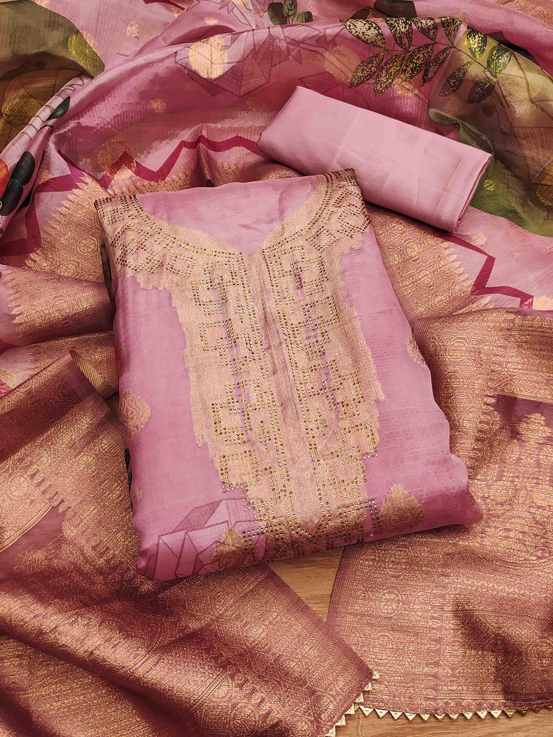 

Blissta Organza Unstitched Dress Material, Pink