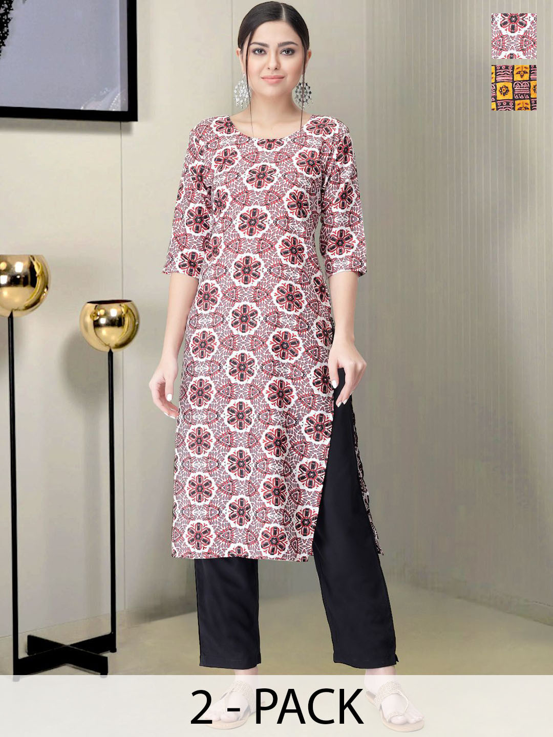 

Moda Rapido Selection Of 2 Floral Printed Round Neck Straight Kurta With Trousers, Maroon