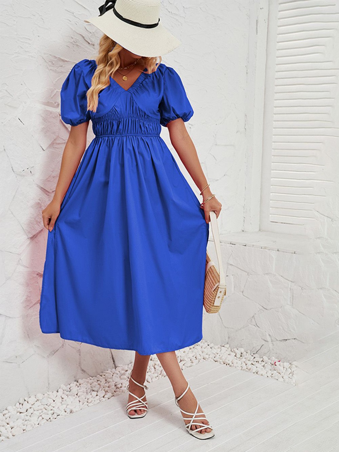 

JC Mode Puff Sleeve Fit & Flare Dress, Blue