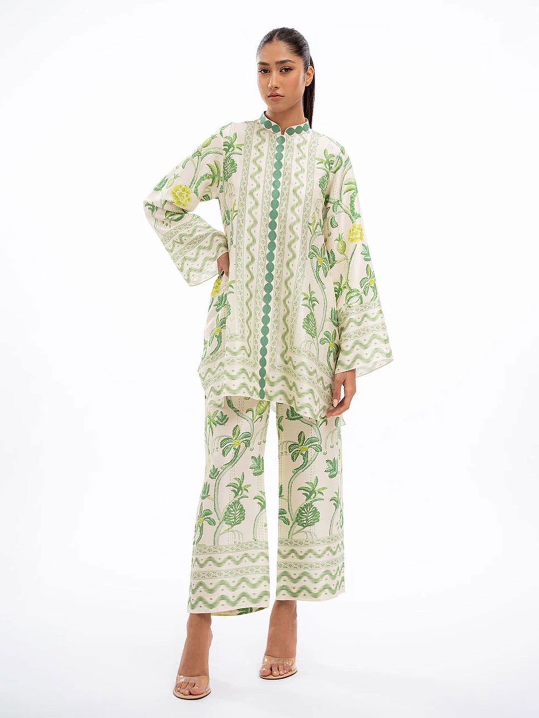 

URBAN KANYA Ethnic Motifs Checked Flared Sleeve Georgette Maxi Dress, Green