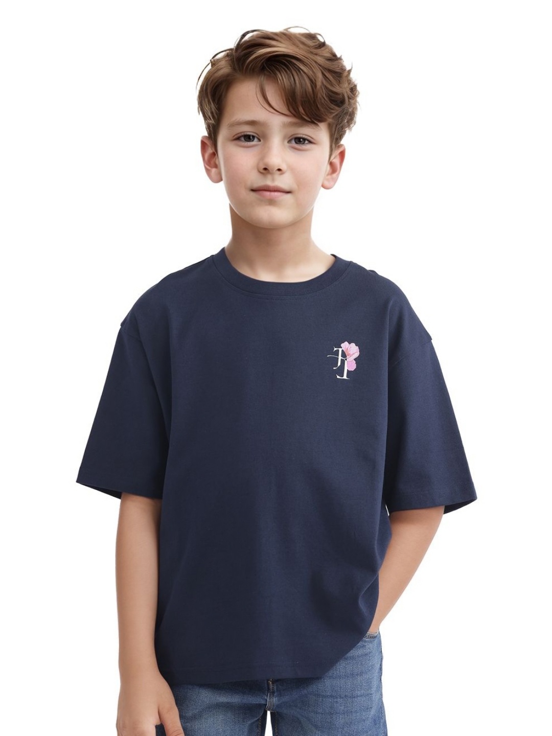 

RARE ONES Boys Printed Drop-Shoulder Sleeves Applique Boxy T-shirt, Navy blue