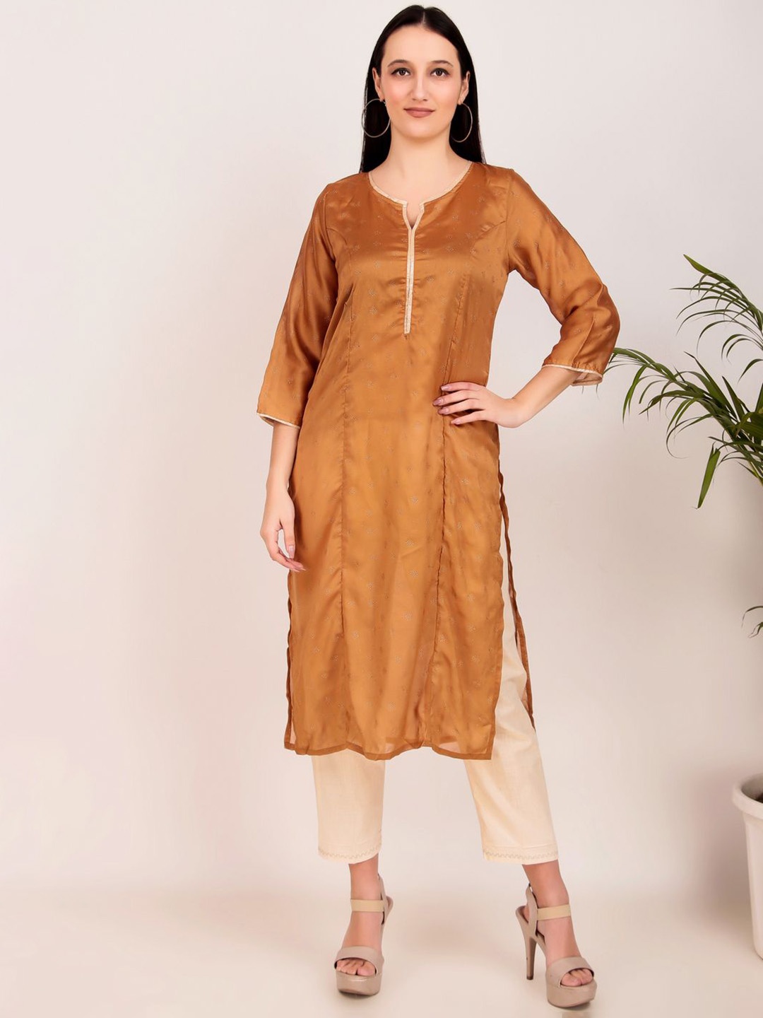 

zuri Silk Notch Neck Straight Kurta, Bronze