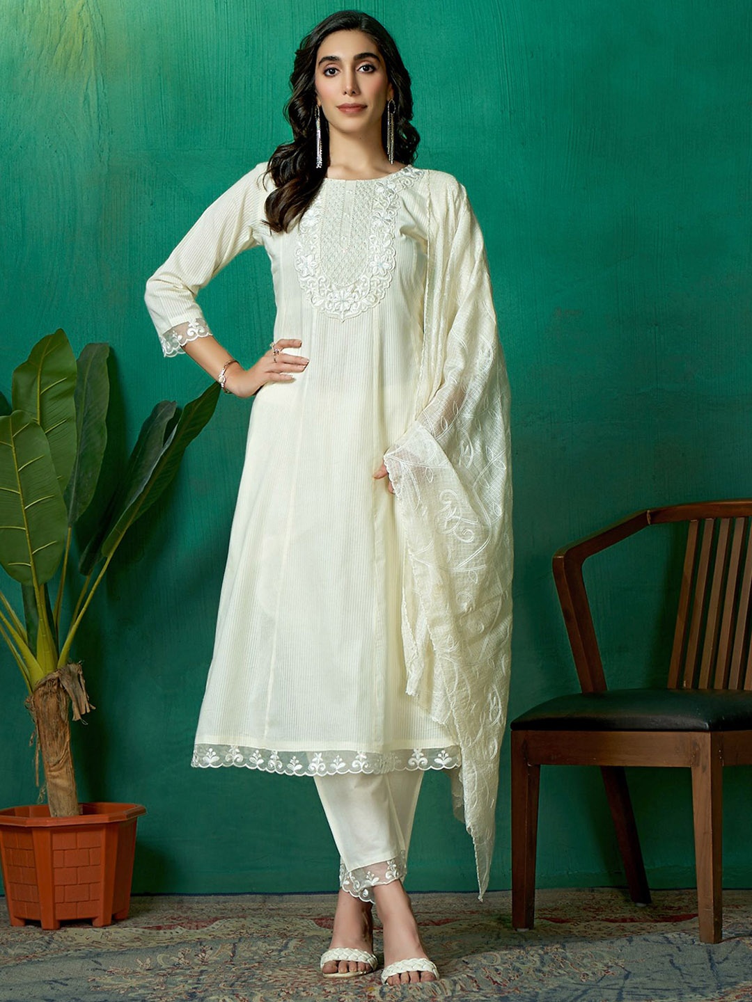 

Sangria Embroidered Pure Cotton A-Line Kurta & Trouser With Dupatta, Cream