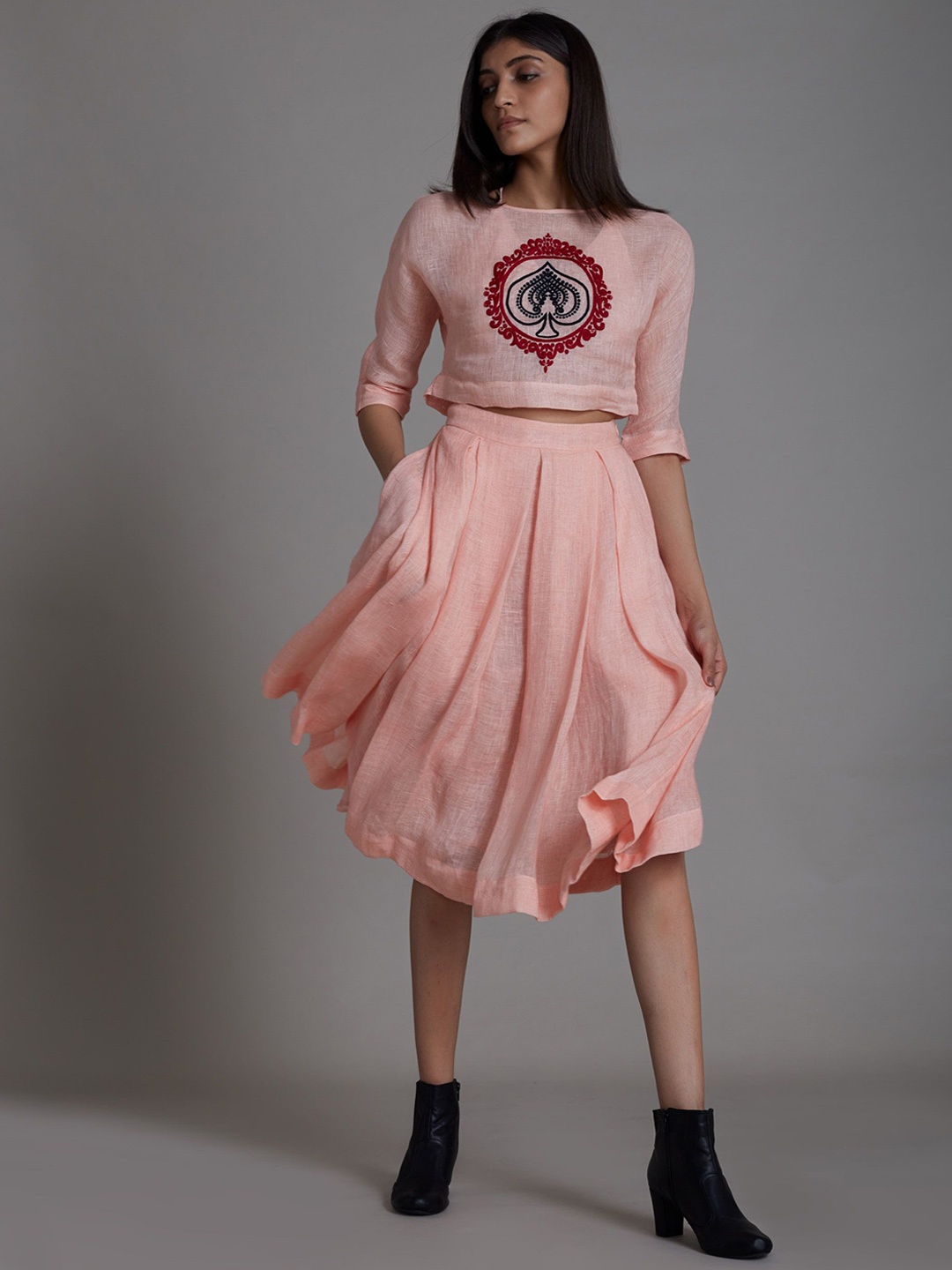 

MATI Linen Flared Knee Length Skirt, Pink