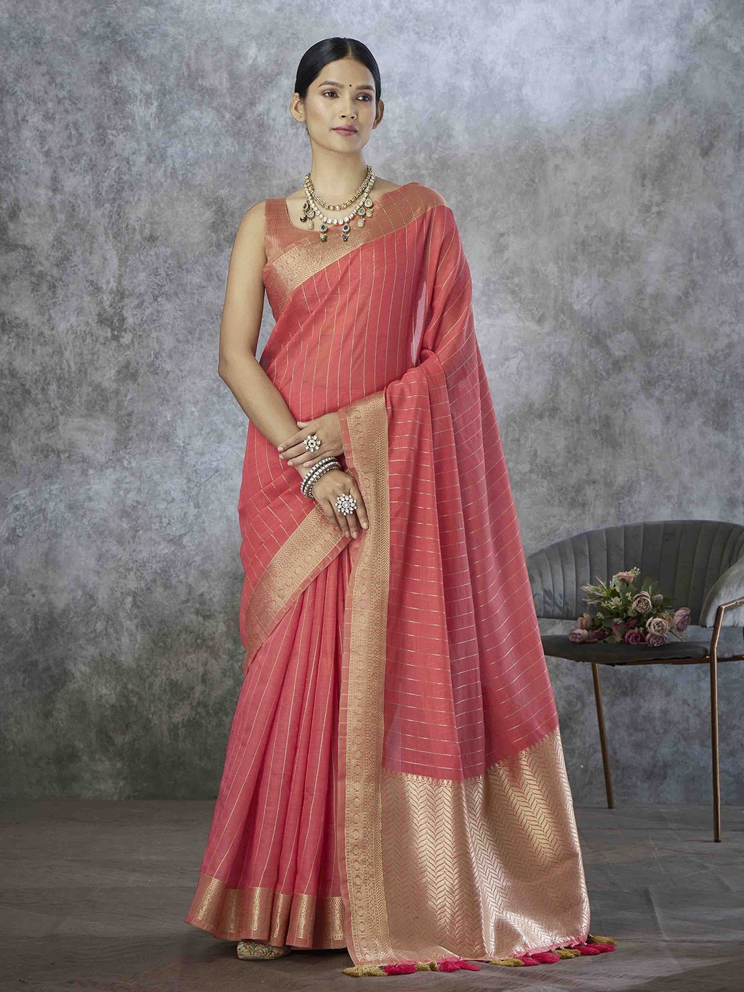 

Mitera Striped Zari Silk Blend Saree, Pink