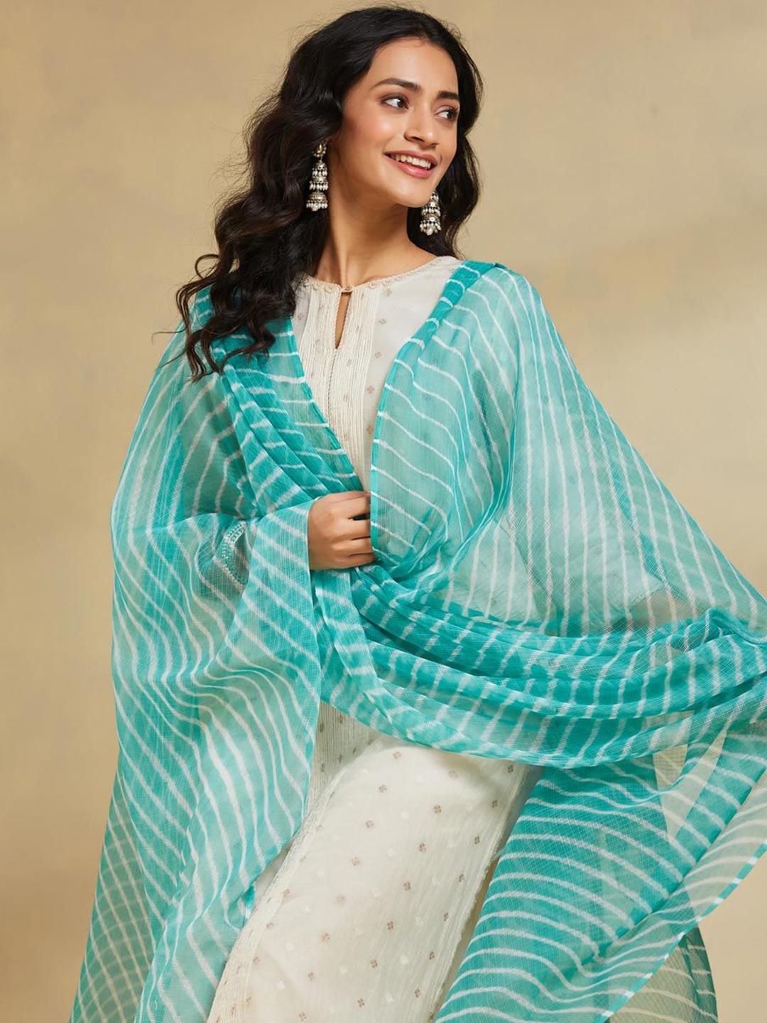 

Fabindia Leheriya Printed Cotton Silk Dupatta, Turquoise blue
