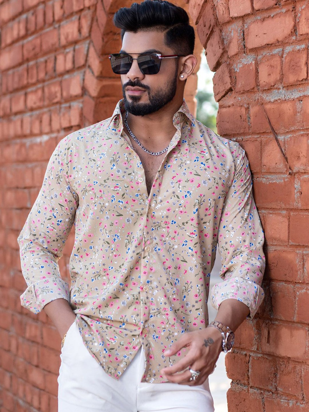 

Tistabene Men Floral Opaque Printed Casual Shirt, Camel brown