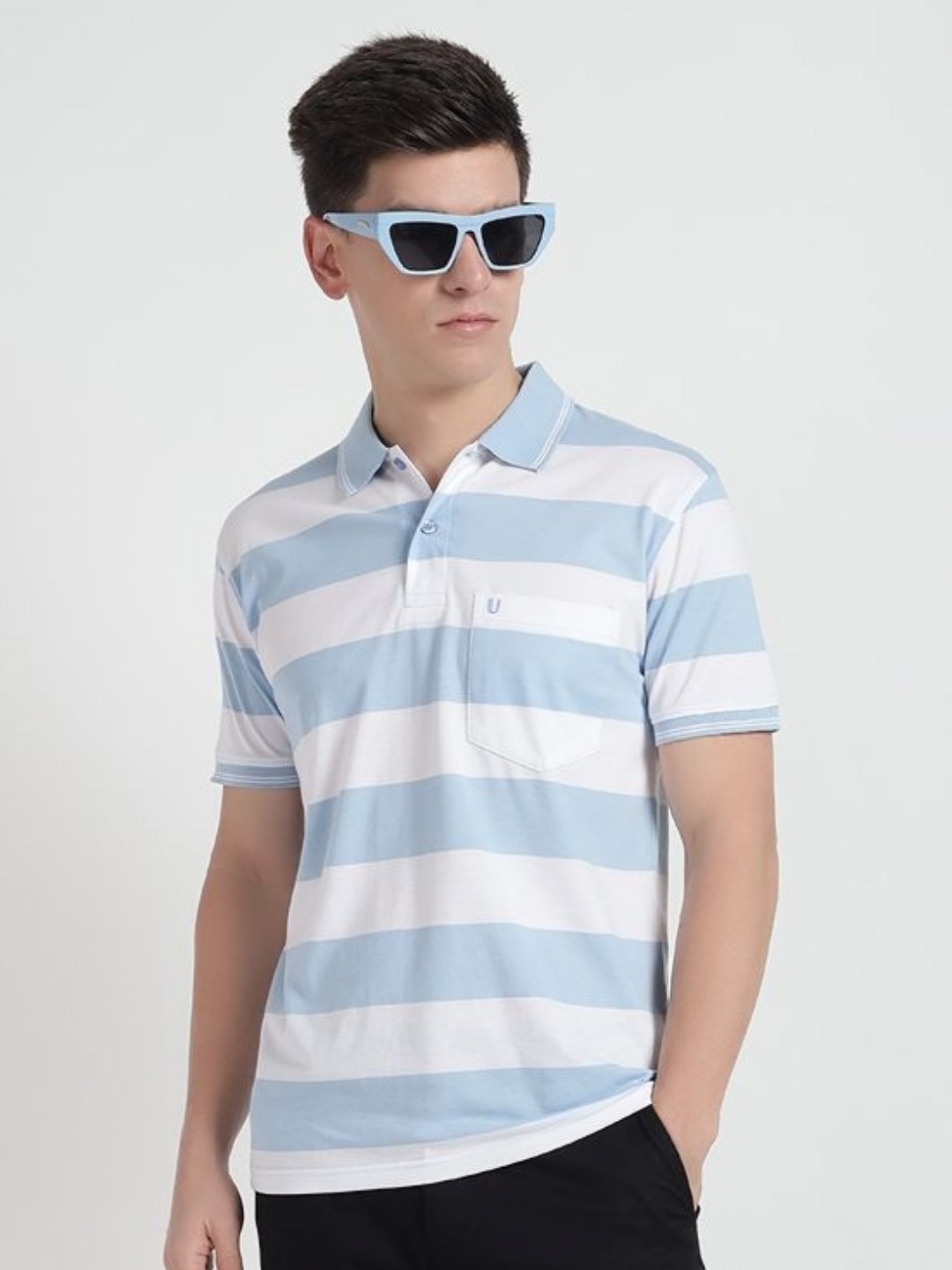 

UNIBERRY Men Striped Polo Collar T-shirt, Turquoise blue