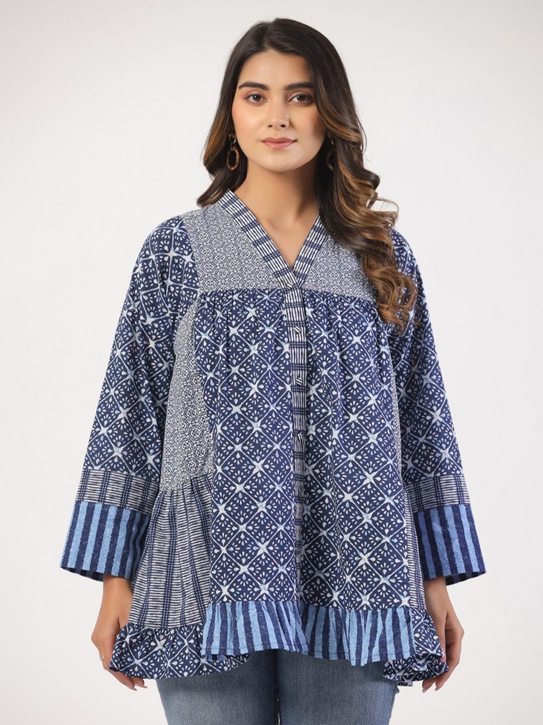 

STIL O STITCH Geometric Print Cotton Top, Blue