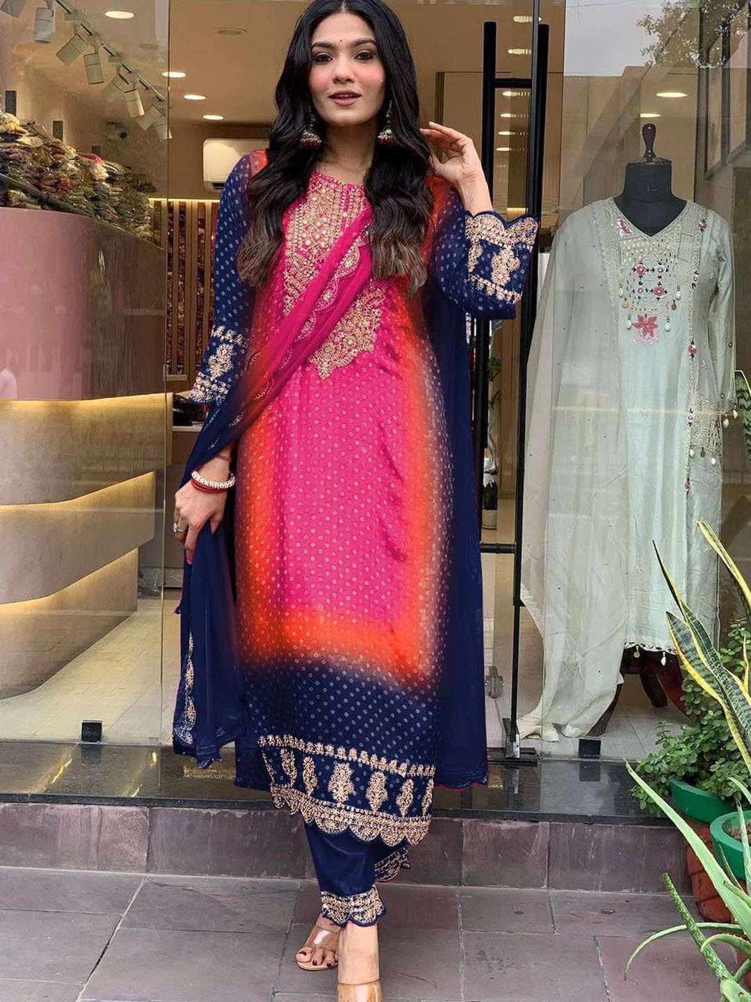 

COLORWINGS Women Embroidered Regular Kurti with Palazzos & With Dupatta, Navy blue
