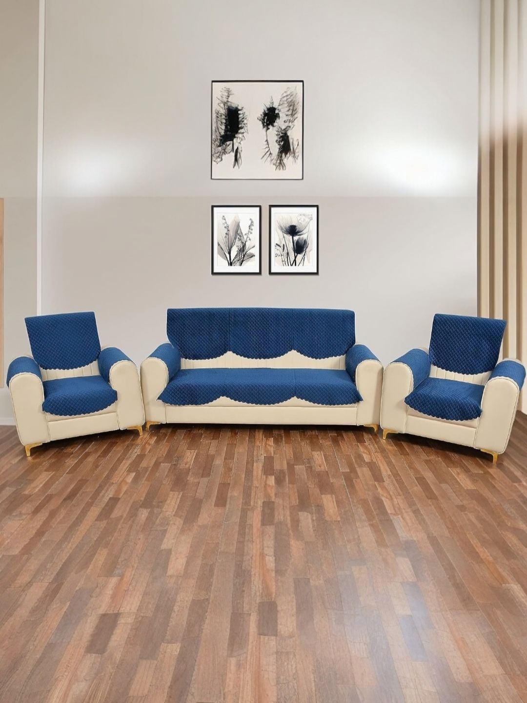 

BIGGER FISH Blue 12 Pieces Quilted Velvet 5 Seater Sofa Covers With Arms