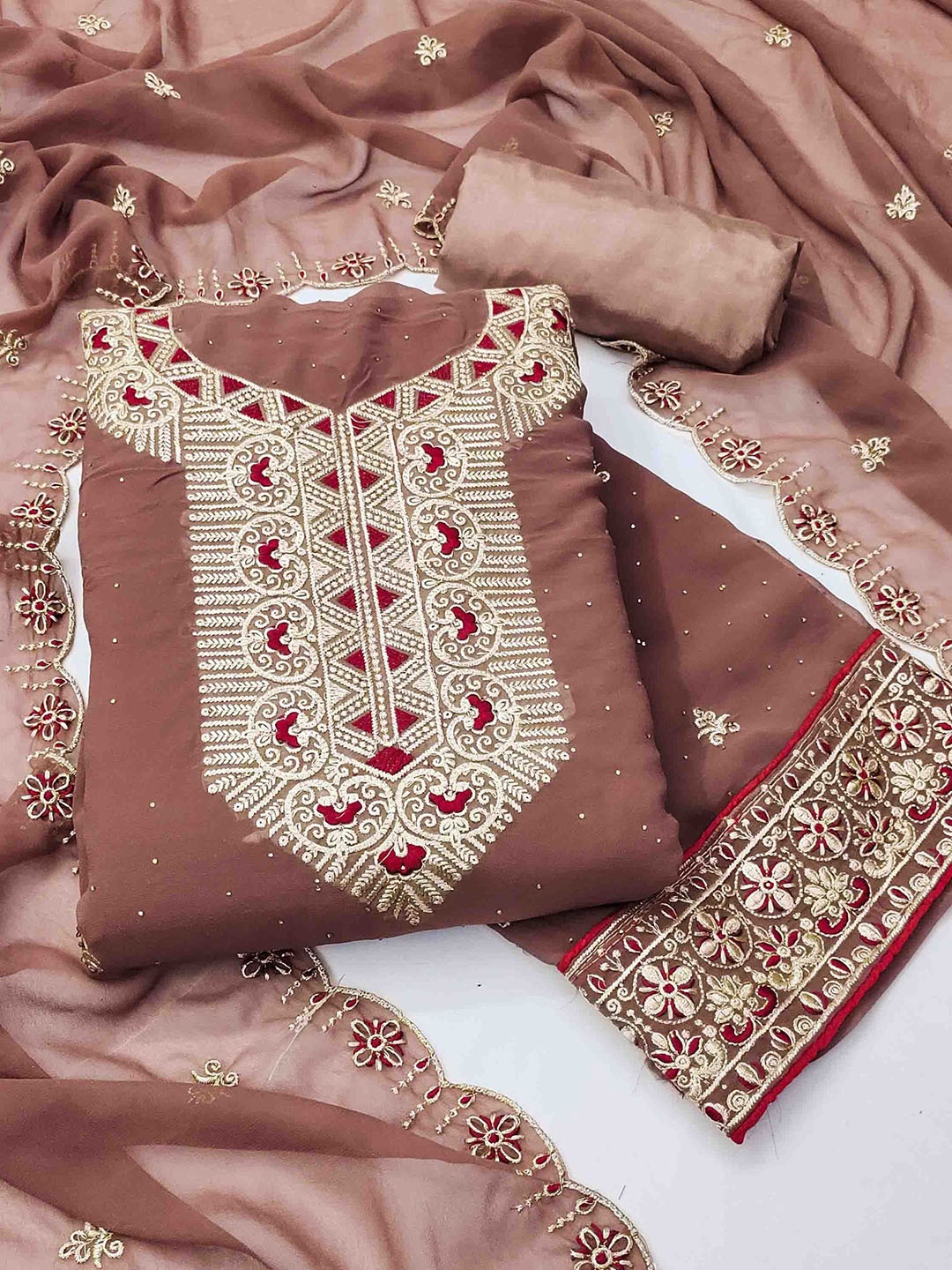 

KIMISHA Embroidered Unstitched Dress Material, Coffee brown