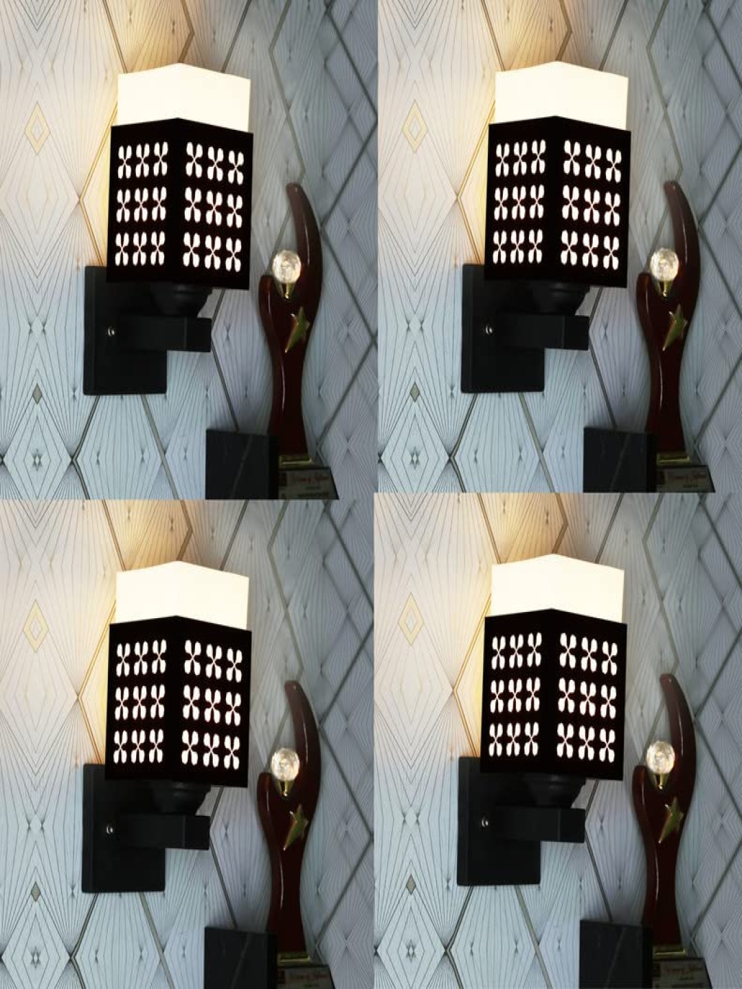 

Gojeeva Black and White 4 Pieces Textured Wooden Square Shaped Wall Lamps