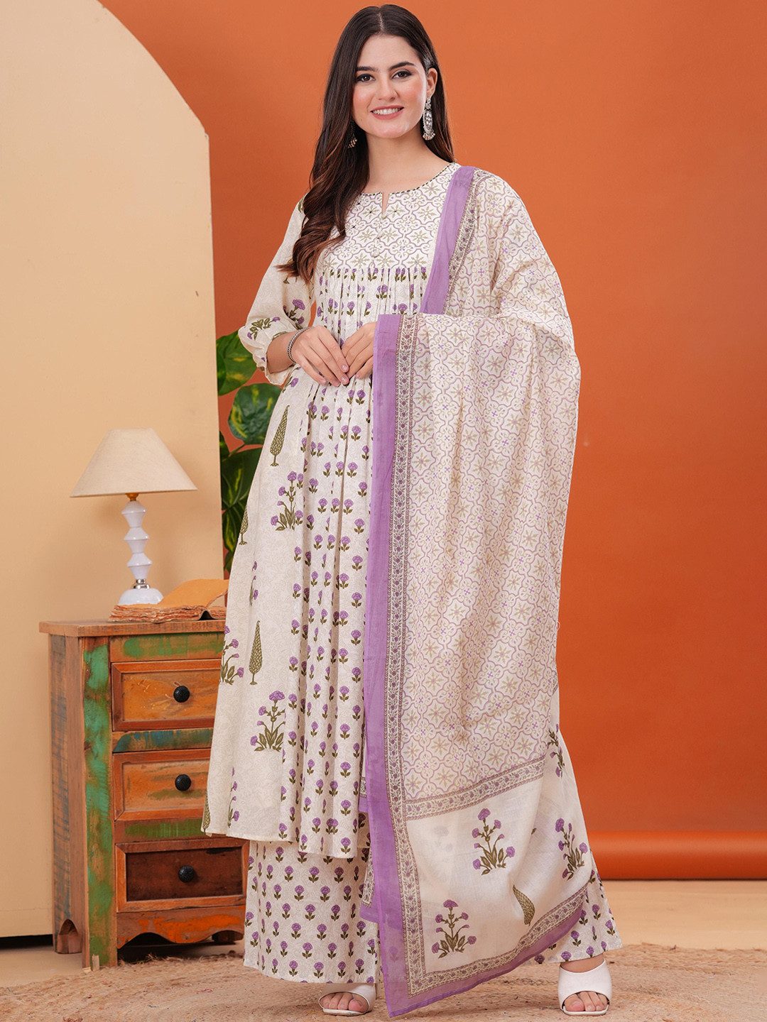 

Mizaz Floral Printed Notch Neck A-Line Pure Cotton Kurta With Palazzos And Dupatta, Off white