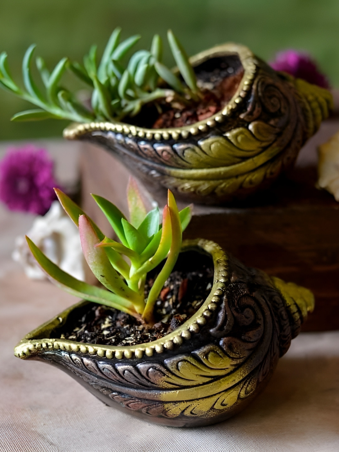 

The handicraftian Brown & Yellow 2 Pieces Textured Clay Sankh Planters