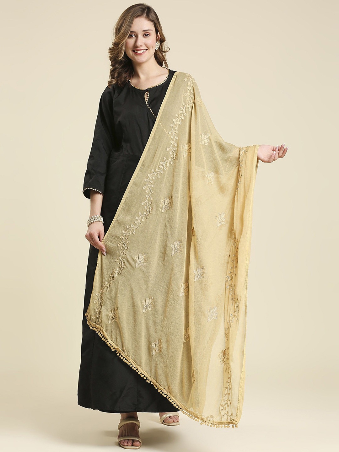 

LA FEMINAE Embroidered Chiffon Thread Work Dupatta, Beige
