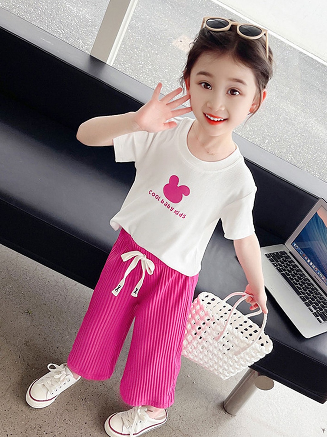 

LULU & SKY Girls Printed Round Neck T-shirt With Trousers, Pink