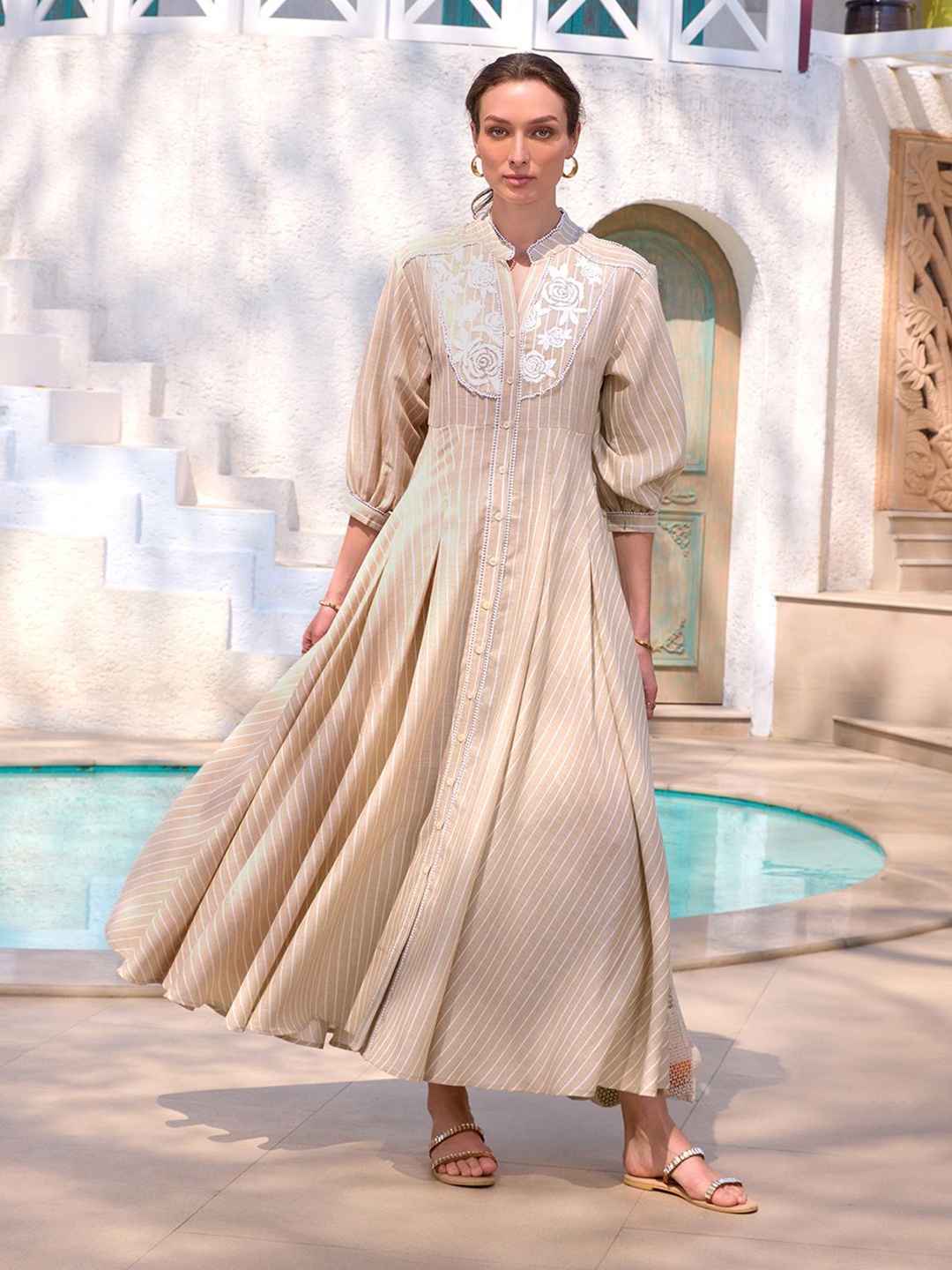 

HOUSE OF FETT Embroidered A-Line Pleated Dress, Cream