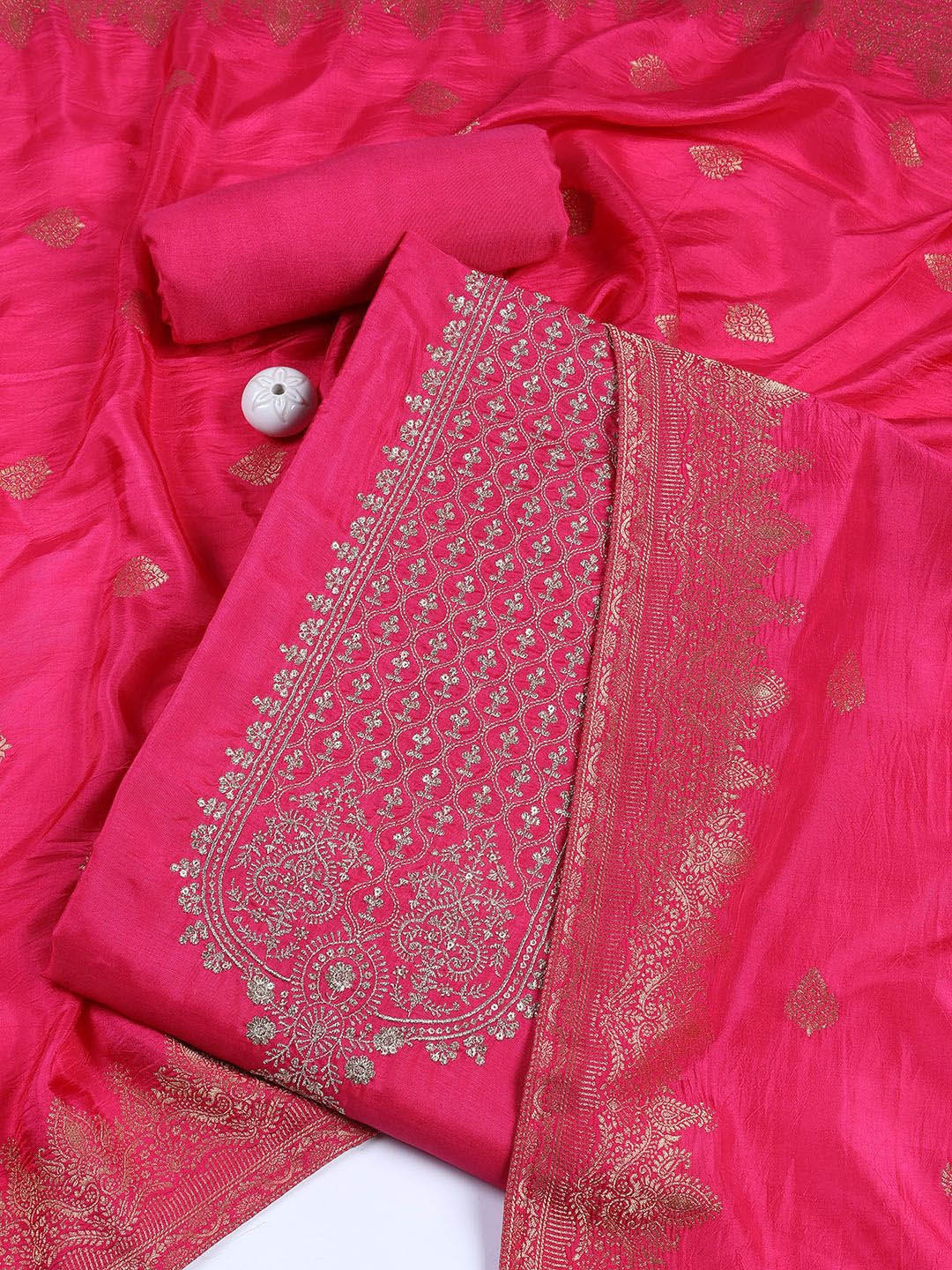 

Meena Bazaar Ethnic Motifs Seuqinned Unstitched Dress Material, Pink