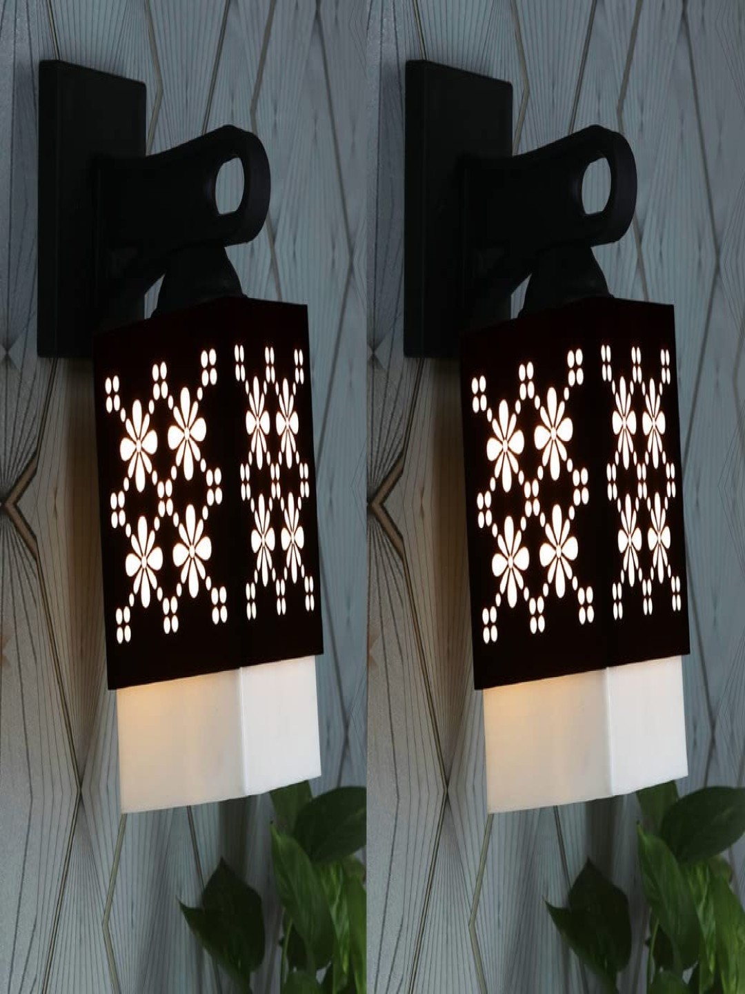 

Gojeeva Black & White 2 Pieces Textured Wooden Square Shaped Wall Lamps