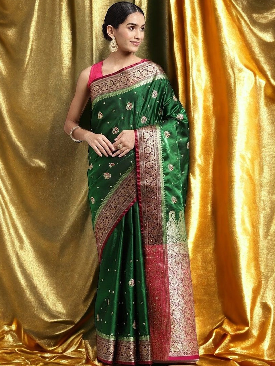 

GS CREATION Woven Design Zari Satin Banarasi Saree, Olive