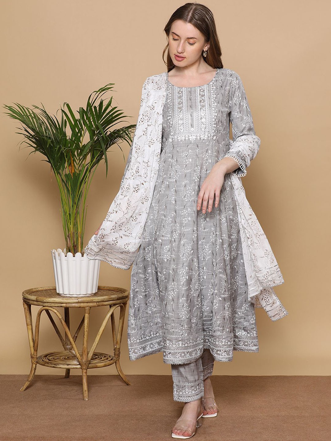 

DUMMY SHAPE Floral Printed A Line Kurta With Trousers & Dupatta, Grey