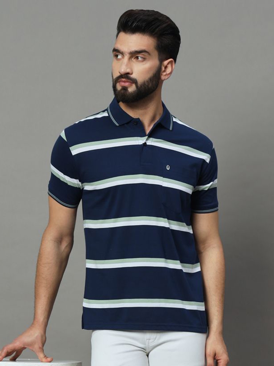 

UNIBERRY Men Striped Polo Collar T-shirt, Navy blue