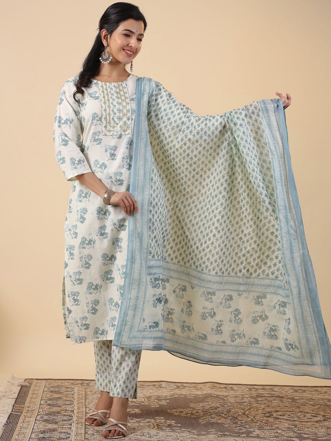 

KALINI Women Floral Printed Regular Pure Cotton Kurta with Trousers & With Dupatta, Blue