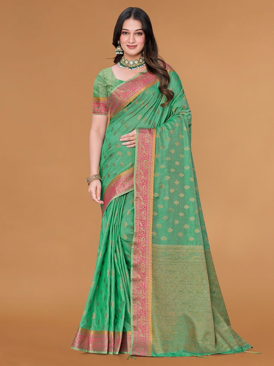 

Meena Bazaar Woven Design Zari Saree, Green