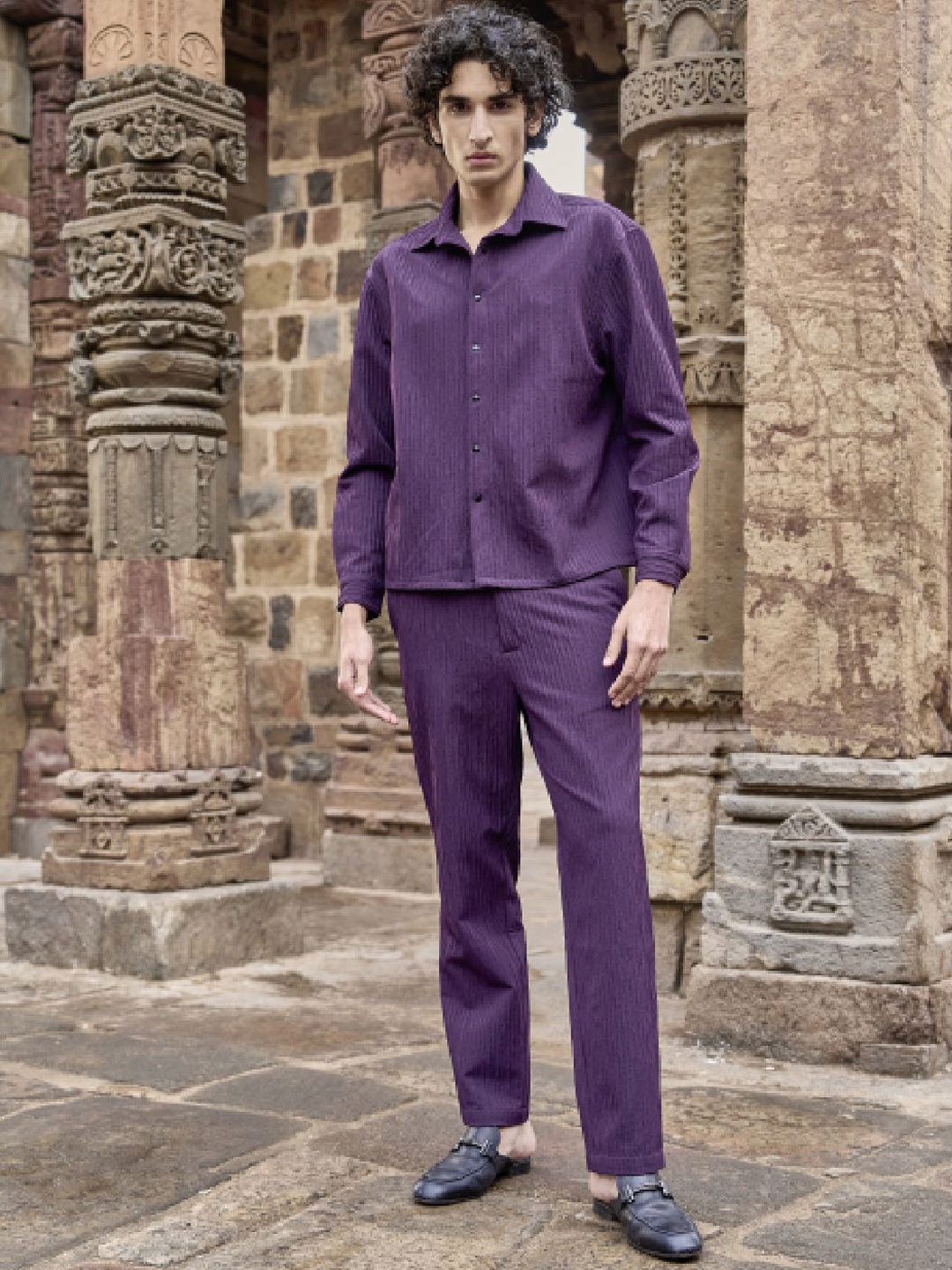 

Dash and Dot Collared Neck Textured Shirt With Trousers, Purple