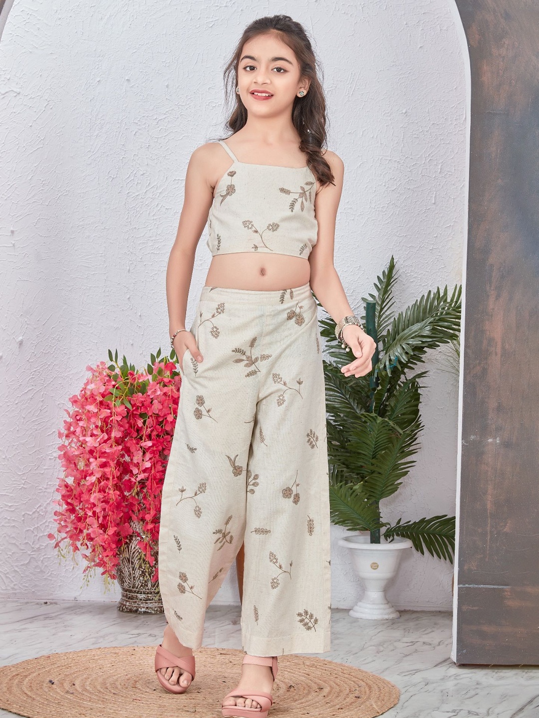 

Anneca Floral Embroidered Cotton Crop Top And Palazzo Pant Set, Cream