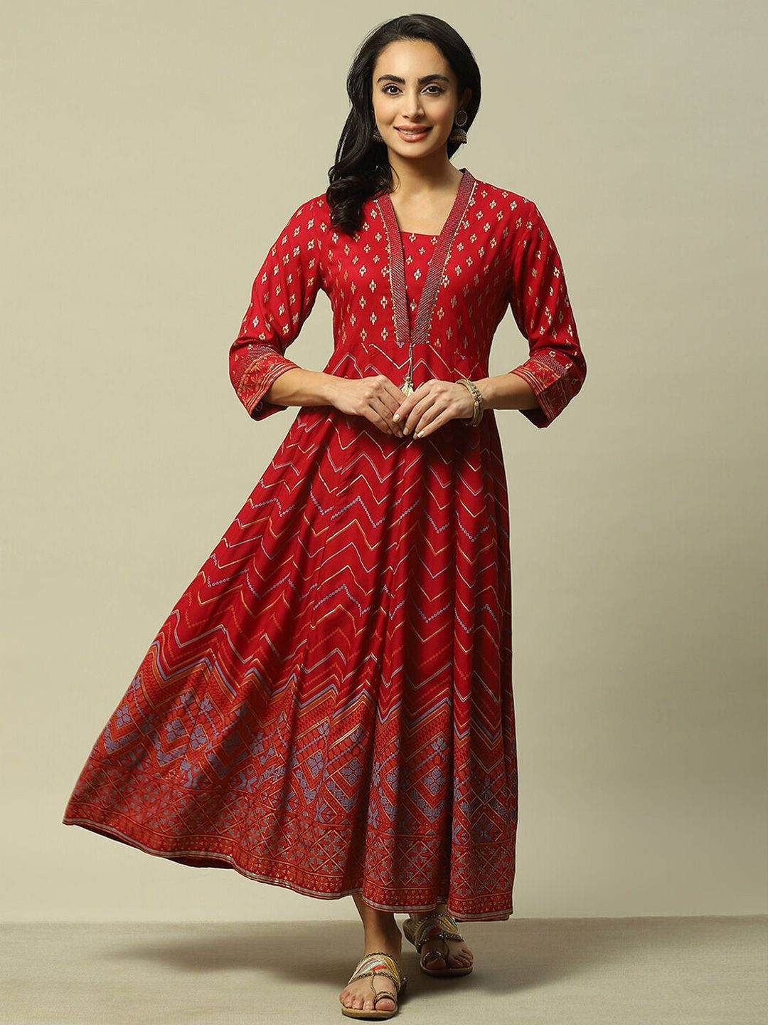 

Rangriti Ethnic Motifs Print Formal A-Line Maxi Dress, Red