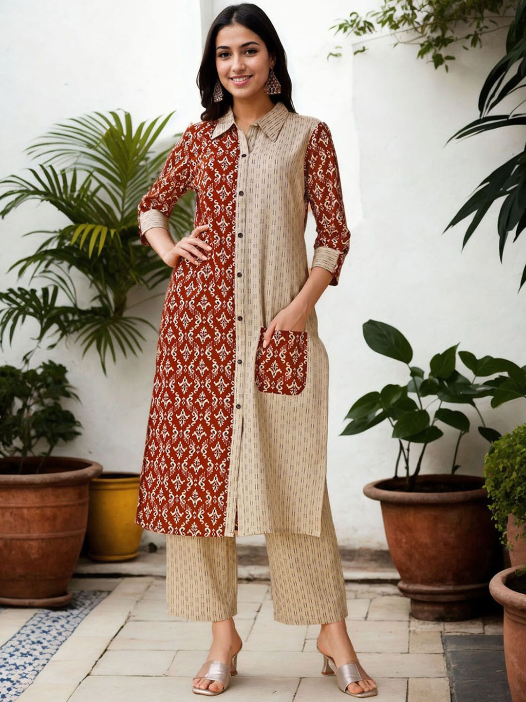 

Moda Rapido Ethnic Motifs Printed Shirt Collar Kurta With Palazzos, Beige