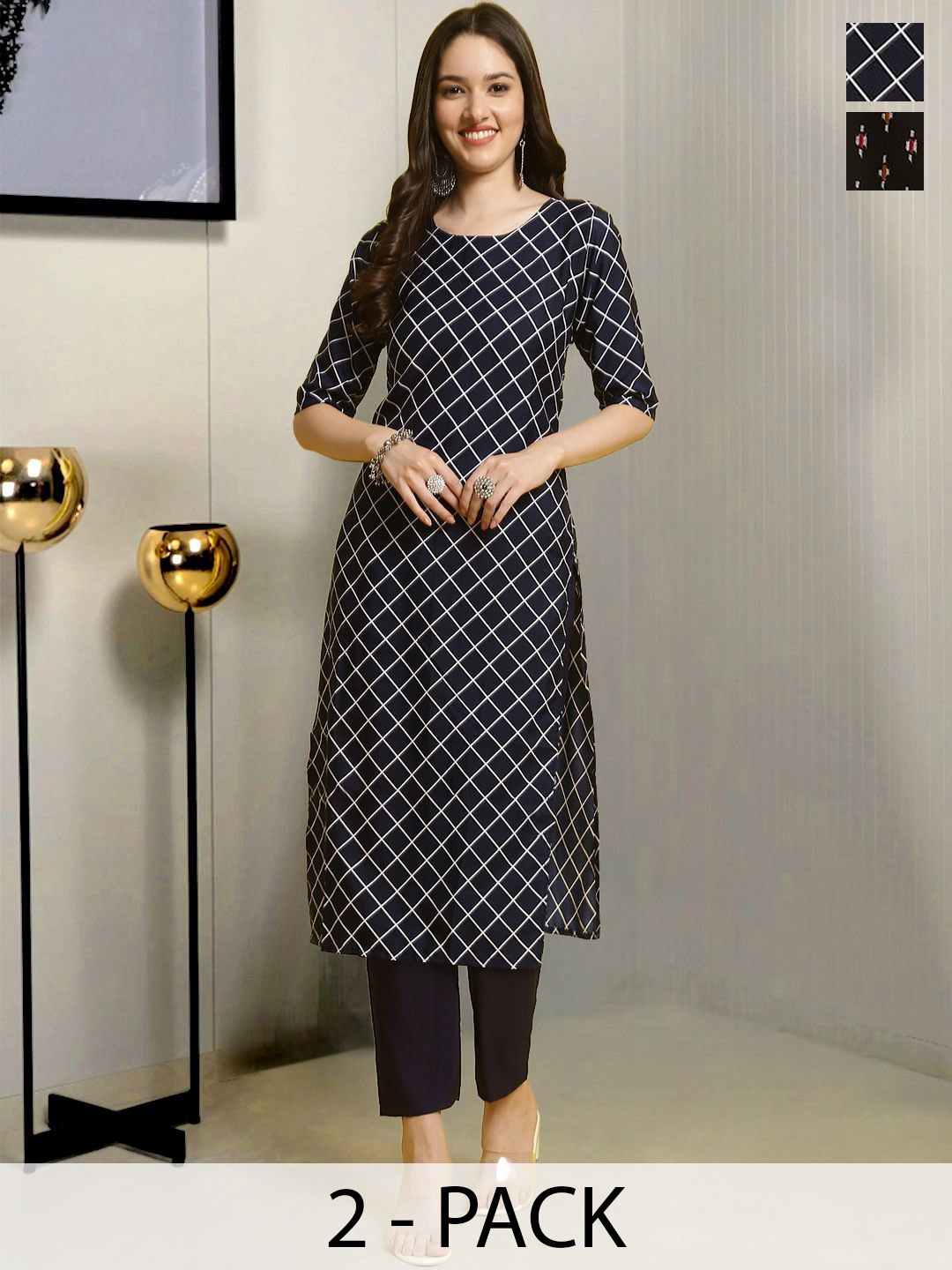 

Moda Rapido Selection Of 2 Geometric Printed Round Neck Straight Kurtas With Trousers, Black