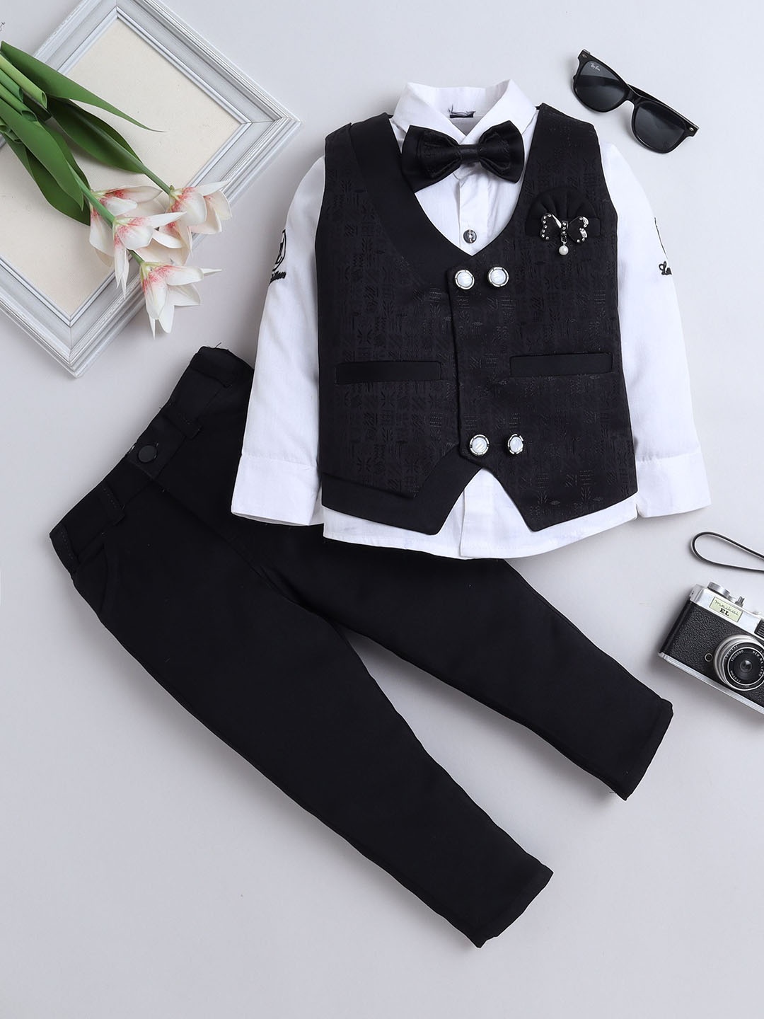 

BAESD Boys Printed Single-Breasted Three-Piece Suit, Black