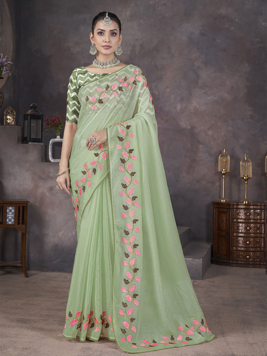 

Mitera Embroidered Poly Georgette Saree, Green