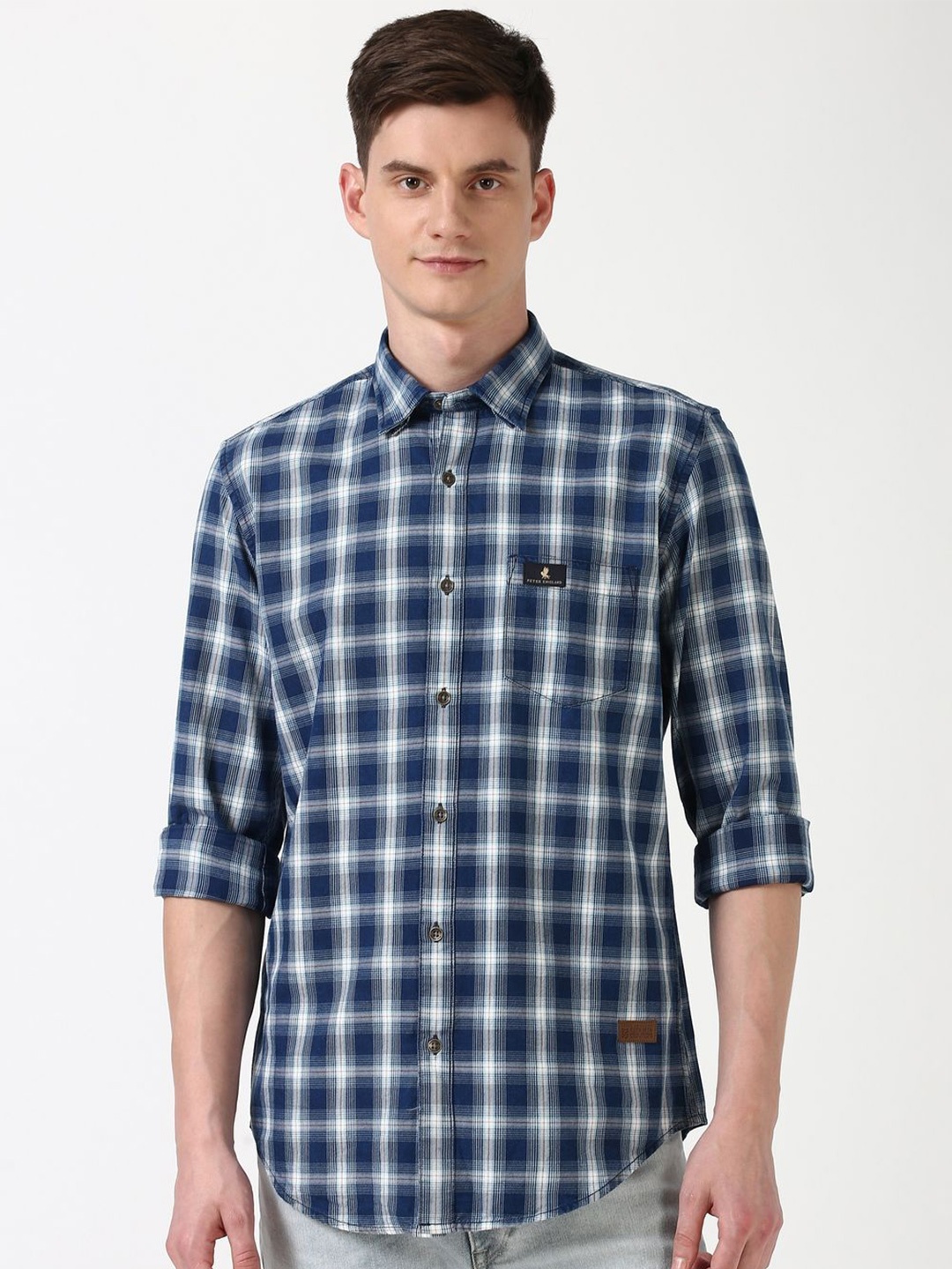 

Peter England Casuals Men Slim Fit Opaque Checked Casual Shirt, Blue