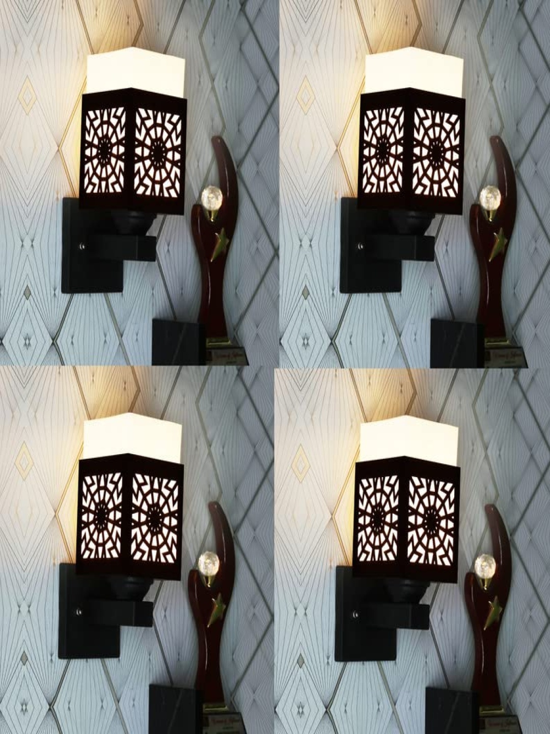

Gojeeva Black & White 4 Pieces Textured Square Shaped Wooden Wall Lamps