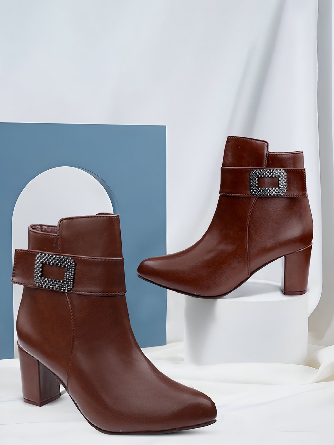 

Bxxy Women Pointed Toe Block Boots With Buckle, Brown