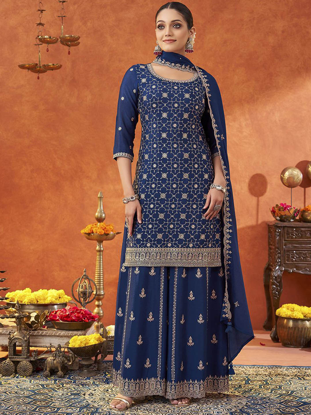 

HRITIKA Women Ethnic Motifs Embroidered Regular Thread Work Kurta with Sharara & With Dupatta, Navy blue